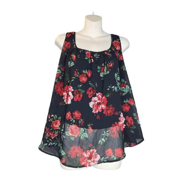 Ambiance Womens 2X Racerback Top Layered Sheer Floral Overlay Flowy Vacation - Picture 1 of 9